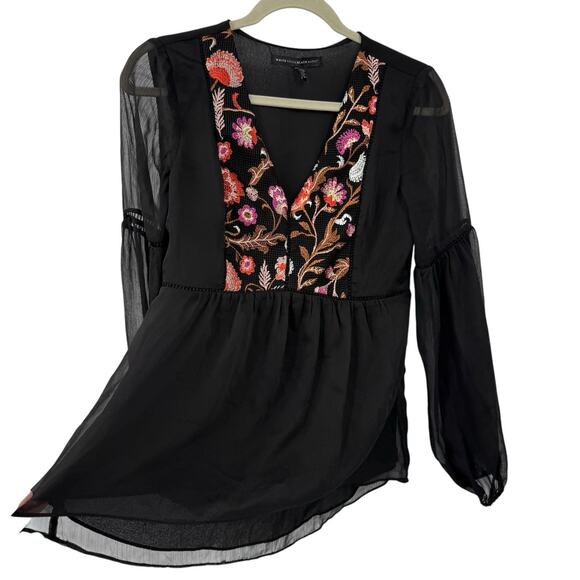WHBM Black Floral Embroidered Chiffon Top XS Boho Fairy Bell Sleeve V Neck Sheer - Picture 5 of 10